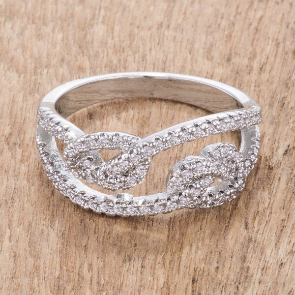 Classic double-knot ring with round prong-set 1.5mm cubic zirconia and a silver tone over lead free alloy (brass) finish