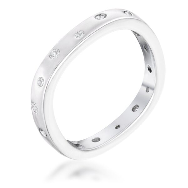 Speckled square-shaped stackable band in silver tone over lead free alloy (brass) with round cubic zirconia in prong settings.