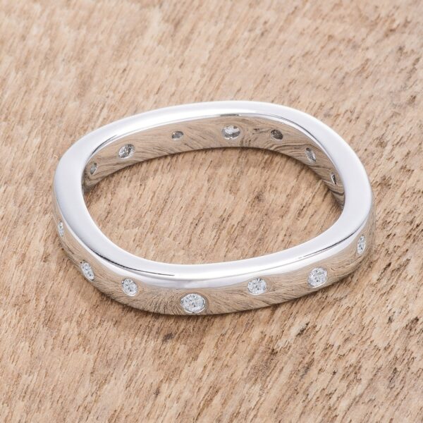 Classic speckled square-shaped stackable band with round cubic zirconia in prong settings and a silver tone over lead free alloy (brass) finish.