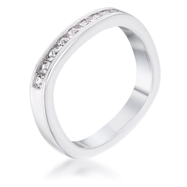Square-shaped band in silver tone over lead free alloy (brass) with channel-set princess-cut cubic zirconia.