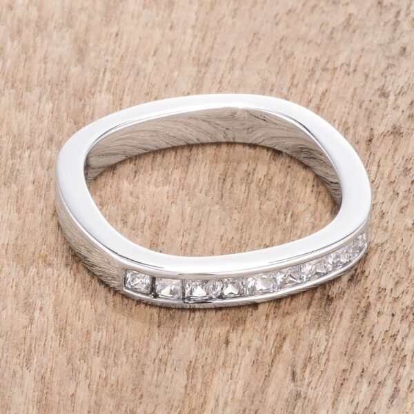 3mm square-shaped band in silver tone over lead free alloy (brass), channel set with 1.5mm princess-cut cubic zirconia.