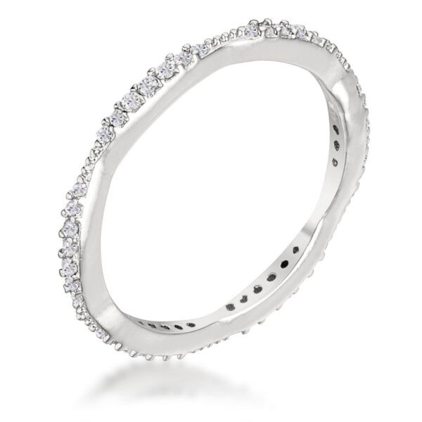 18K Rhodium plated Lead Free Alloy (brass) eternity ring with round cubic zirconia in a micro pave setting.