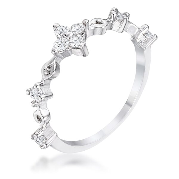 Clear round cubic zirconia mini floral half eternity stackable band in silver tone over lead free alloy (brass).