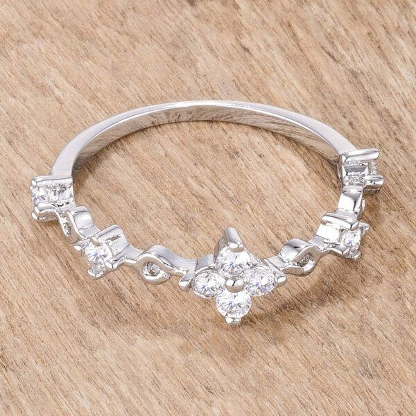 Contemporary mini floral half eternity stackable band with round 2mm clear cubic zirconia and silver tone over lead free alloy (brass).