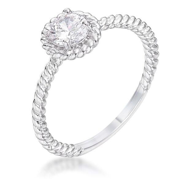 Mini twisted rope solitaire ring in silver tone over lead free alloy (brass) with a clear round 5mm cubic zirconia.