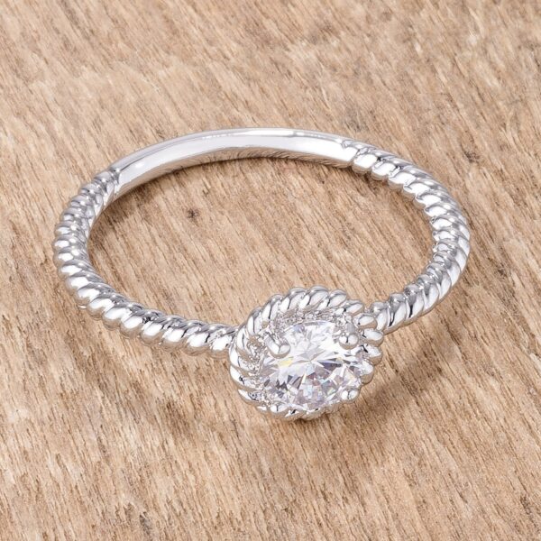 Contemporary mini twisted rope solitaire ring with clear round 5mm cubic zirconia, silver tone over lead free alloy (brass).