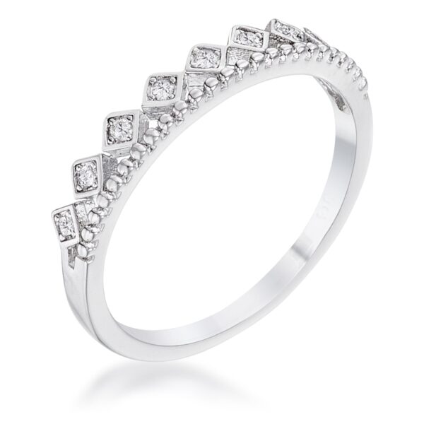 Silver tone over lead free alloy (brass) mini crown band with princess-cut cubic zirconia in a channel setting.