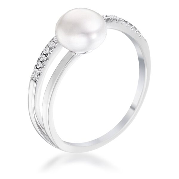 Freshwater pearl ring with princess-cut cubic zirconia in a channel setting, rhodium plated over lead free alloy (brass)