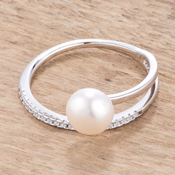 Classic 1.3mm micro pave band with freshwater pearl and channel-set princess-cut cubic zirconia, rhodium plated over lead free alloy (brass)