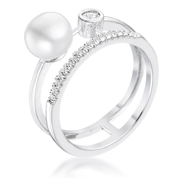 Contemporary double band ring in silver tone over lead free alloy (brass) with clear round cubic zirconia and a freshwater pearl