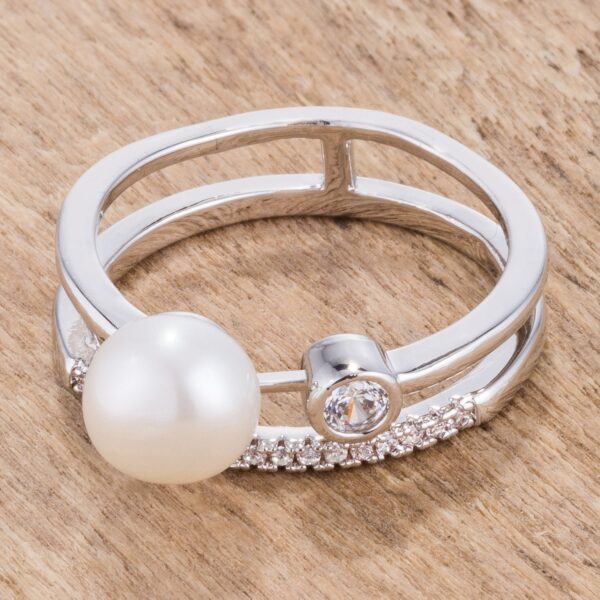 Clear round cubic zirconia and freshwater pearl contemporary double band ring in silver tone over lead free alloy (brass)