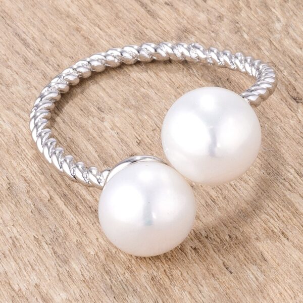 Contemporary twisted rope wrap ring with an 8mm clear freshwater pearl, nacre, and silver tone over lead free alloy (brass).