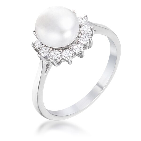 Silvertone plated ring with a round freshwater pearl centered in a cubic zirconia halo