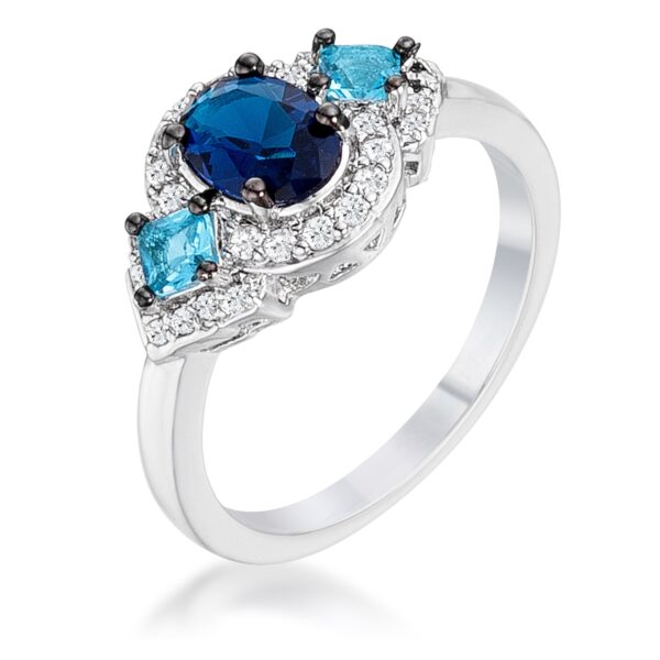Blue and clear three-stone ring with hematite, cubic zirconia, and a silver tone finish.