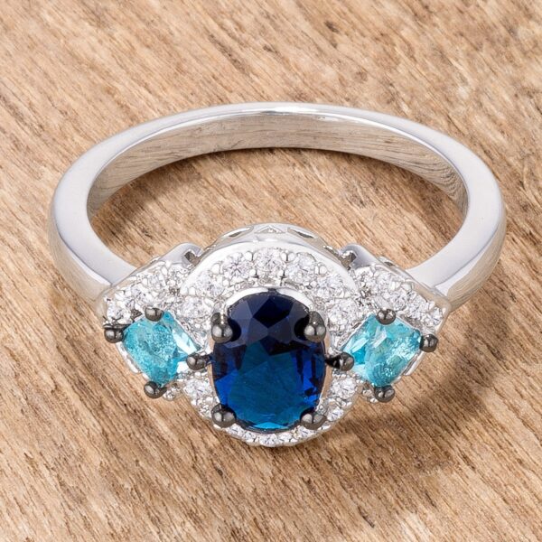 Contemporary blue and clear three-stone engagement ring with hematite, cubic zirconia, and a silver tone finish.
