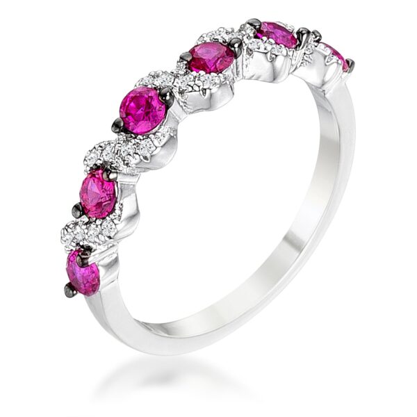S shape half eternity band in silver tone over lead free alloy (brass) with fuchsia and clear round cubic zirconia.