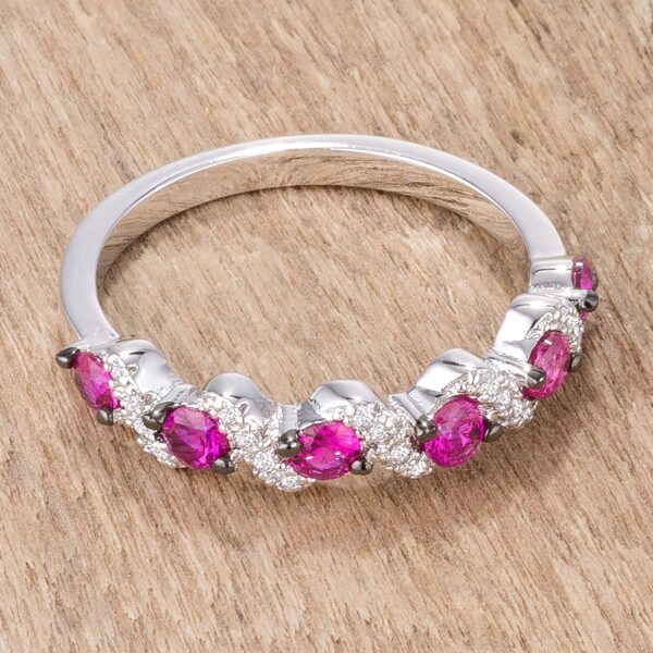Contemporary silver tone S shape half eternity band with round stones in fuchsia and clear.