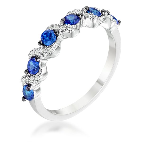S-shape half eternity band in silver tone over lead free alloy (brass) with round blue and clear cubic zirconia and hematite.