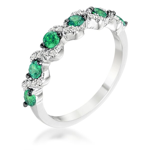 S-shape half eternity band in silver tone over lead free alloy (brass) with round clear green cubic zirconia and hematite.