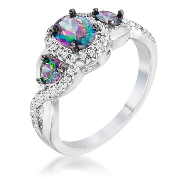 Silver tone over lead free alloy (brass) twisted shank ring with a three stone setting, clear cubic zirconia, and hematite.