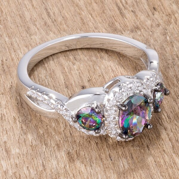 Twisted shank ring with oval and round cuts, clear cubic zirconia, hematite, and 1.43 ct total stone weight.