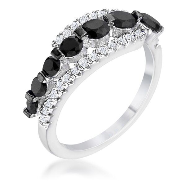 Graduated black and clear half eternity ring with round hematite and cubic zirconia in silver tone over lead free alloy (brass).