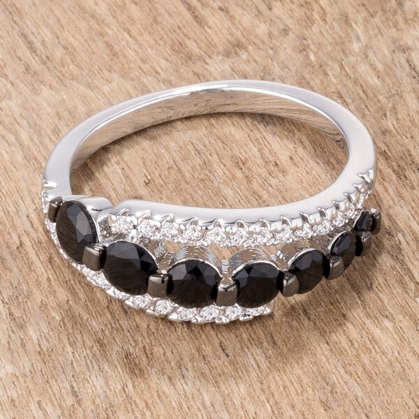 Contemporary graduated black and clear half eternity ring with round hematite and cubic zirconia, 1.06 ct total stone weight.