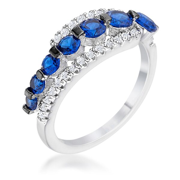 Ring with graduated round blue and clear cubic zirconia stones set across a silvertone plated over rhodium plated band