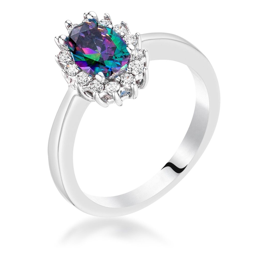 Mystic petite oval ring with oval-cut, multi color cubic zirconia in a prong setting and a silver tone over brass finish.