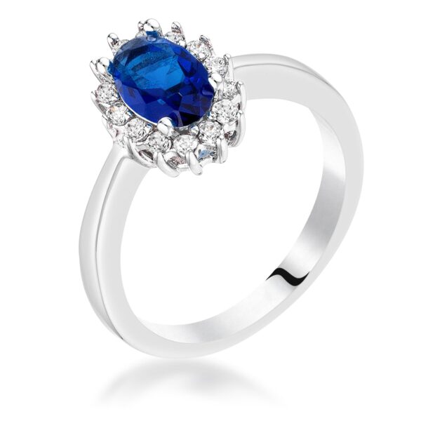 Silvertone ring with a prong-set blue oval cubic zirconia stone, shown from the front