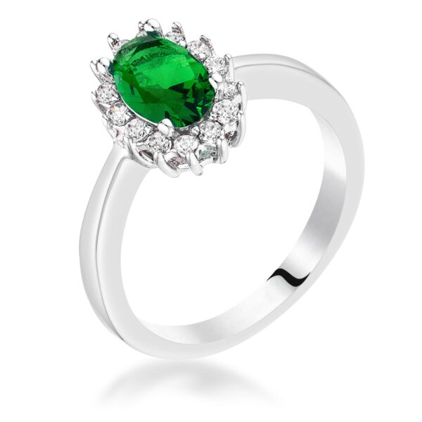 Silvertone ring with an oval-cut green cubic zirconia stone set in prongs, front view