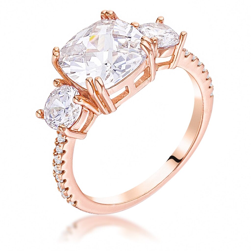 18K rosegold ring with prong-set cushion-cut and round-cut cubic zirconia totaling 3.65 ct