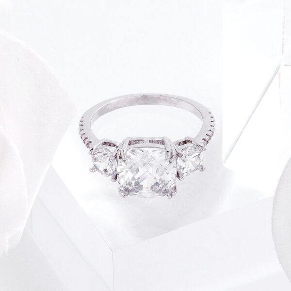 Classic prong-set ring with cushion-cut and round cubic zirconia totaling 3.65 ct