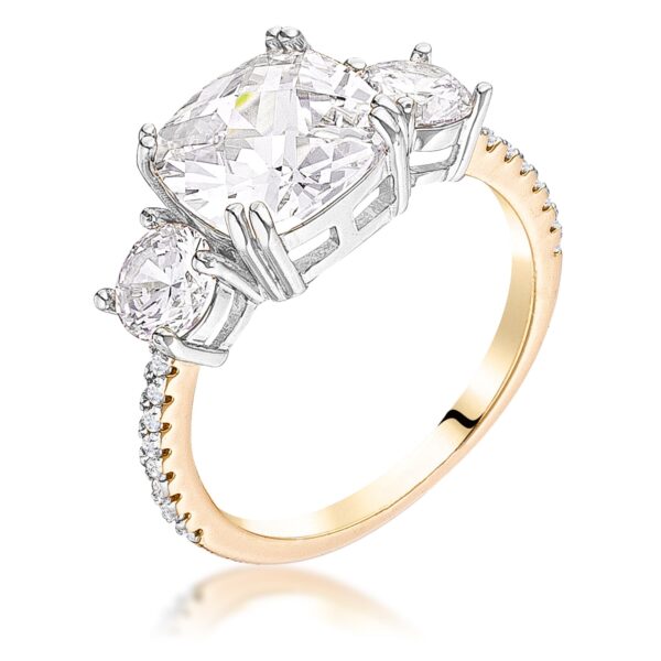 Tu tone ring with cushion- and round-cut cubic zirconia in prong settings.