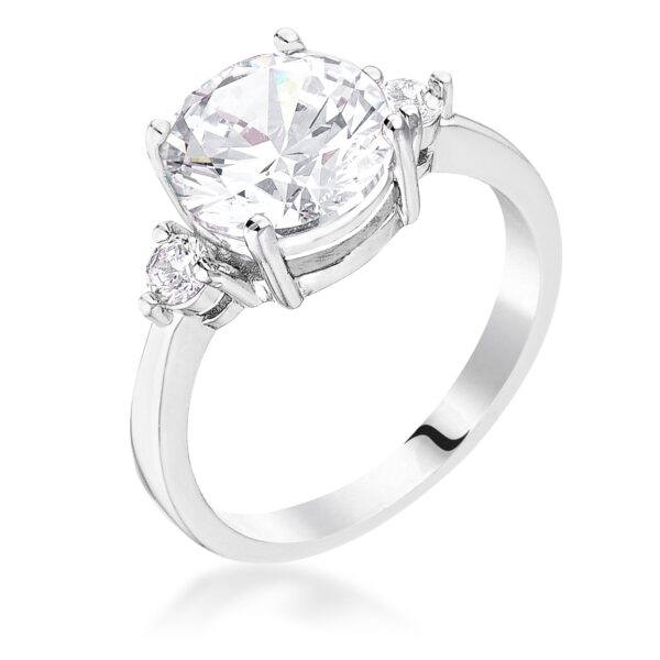 The ring with clear round cubic zirconia and silver tone over lead free alloy (brass) finish.