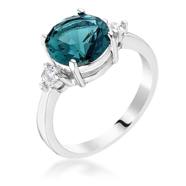 Blue green three-stone ring with round cubic zirconia and silver tone over lead free alloy (brass).