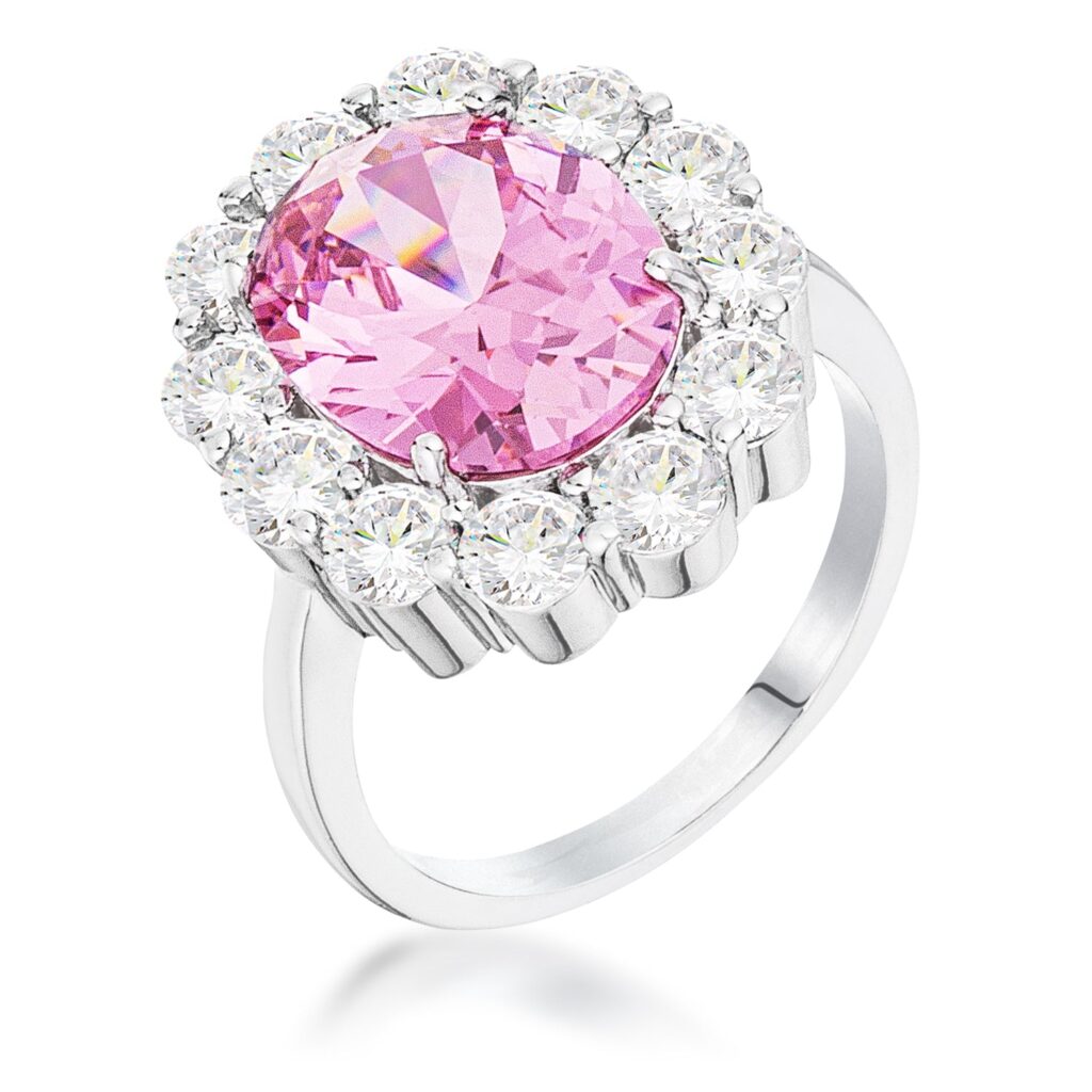 Silvertone plated over rhodium plated ring with a pale pink oval cubic zirconia in a blossom design