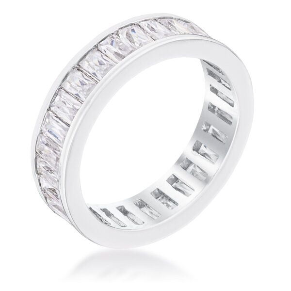Rhodium plated eternity ring with a continuous row of clear baguette-cut cubic zirconia stones