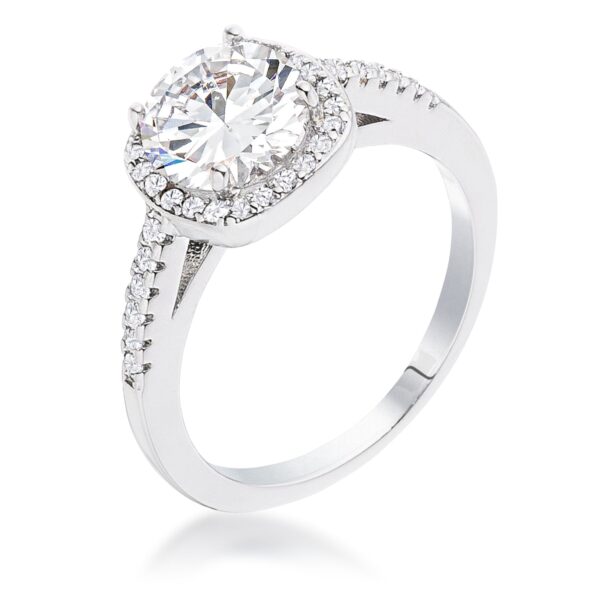 Clear cubic zirconia cushion-cut halo ring with silver tone over brass finish.