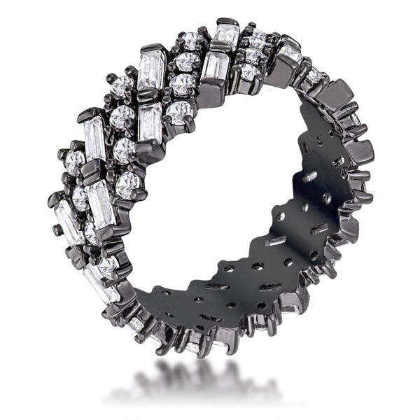 Hematite finish plated over brass eternity band with clear cubic zirconia in alternating baguette and round forms.