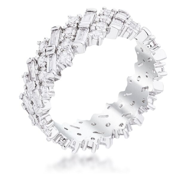 Clear cubic zirconia eternity band with alternating baguette and round designs, hematite finish plated over brass.
