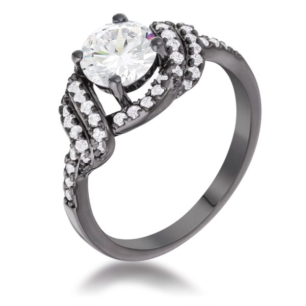 Clear cubic zirconia round parallel pave twist ring in hematite finish plated over brass.