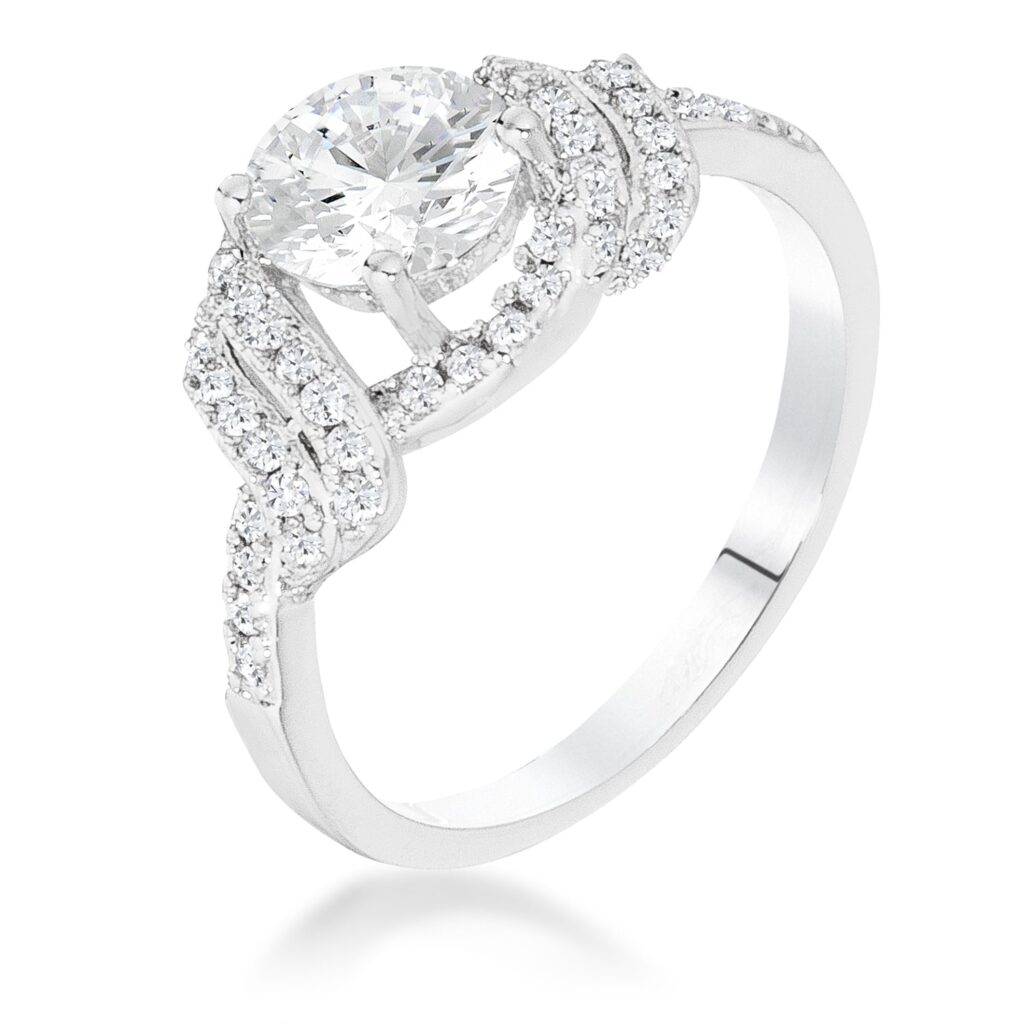 Clear round cubic zirconia parallel pace twist ring in rhodium plated over brass, with 1.28 ct total carat weight.