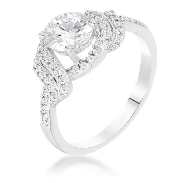 Clear round cubic zirconia parallel pace twist ring in rhodium plated over brass, with 1.28 ct total carat weight.