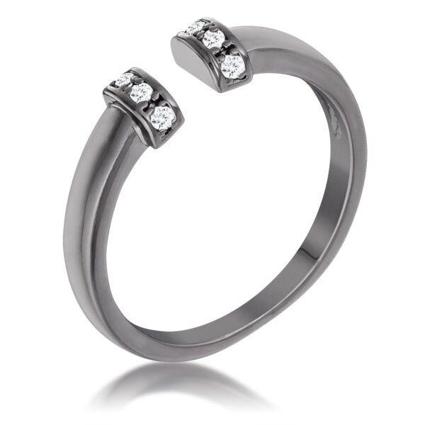 Petite clear open cuff ring in hematite finish plated over brass with round clear cubic zirconia.