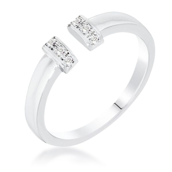 Petite clear open cuff ring in rhodium plated over brass with round clear cubic zirconia and 0.053 ct total stone weight.
