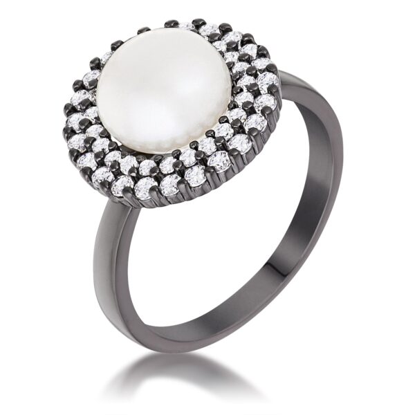 Double halo cocktail ring with clear cubic zirconia in a halo setting and hematite finish plated over brass.