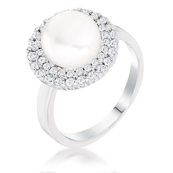 Double halo cocktail ring with cubic zirconia and a silver tone finish.