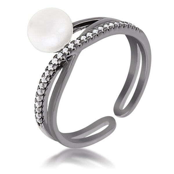 Ribbon bypass ring with a half pave design of cubic zirconia accents.