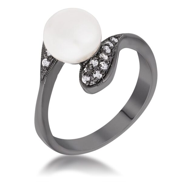 Interlocked double teardrop ring in hematite finish plated over brass with cubic zirconia in color.